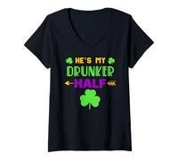 Mujer Él es mi Borracho Mitad Pareja Pareja Novia Mardi Gras Camiseta Cuello V