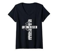 Mujer Él es resucitado Cristiano Pascua Jesús Cruz Regalo Camiseta Cuello V