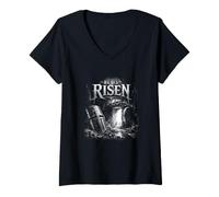 Mujer Él es resucitado Resurrección Cristiana Resurrección Tumba Escena Camiseta Cuello V