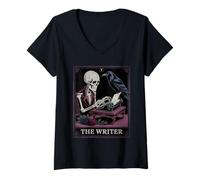 Mujer El Escritor Tarot Carta Gótico Esqueleto Cuervo Autor Literario Camiseta Cuello V