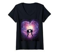 Mujer El Espacio-Tiempo Abraza la conexión Celestial de la Pareja interestelar Camiseta Cuello V