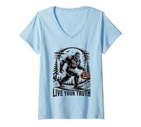 Mujer El Espeluznante críptido de Halloween Bigfoot Vive tu Verdad inspirando Camiseta Cuello V