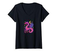 Mujer El espíritu del dragón Celestial se eleva Entre Las Estrellas Arte mágico Lunar Camiseta Cuello V