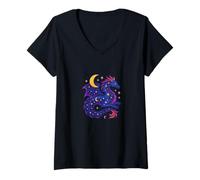 Mujer El espíritu del dragón Celestial se eleva Entre Las Estrellas Arte mágico Lunar Camiseta Cuello V