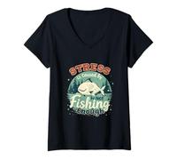 Mujer El estrés es causado por un Pescador Divertido Que no Pesca lo Suficiente Camiseta Cuello V