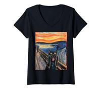Mujer El Gato Negro Grito de Munch Edvard Pintura Famosa Divertida Camiseta Cuello V
