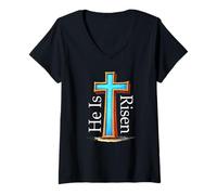 Mujer Él ha resucitado Cruz Cristiana de Cristo Camiseta Cuello V