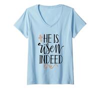 Mujer Él ha resucitado de Hecho Pascua Cruz Cristiana Jesús Religioso Camiseta Cuello V