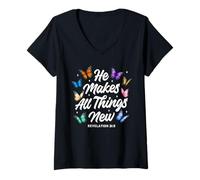 Mujer Él Hace Que Todas Las Cosas Nuevas revelaciones versículo bíblico Mariposas Camiseta Cuello V