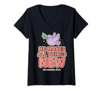 Mujer Él Hace Que Todas Las Cosas Sean Nuevas revelaciones 21 5 Escritura bíblica Camiseta Cuello V