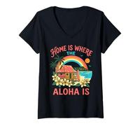 Mujer El hogar es Donde el Aloha es Hawaiian Beach Surf Paradise Art Camiseta Cuello V
