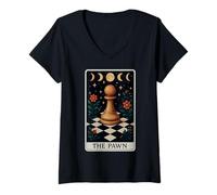 Mujer El Jugador de ajedrez de peón Master Tarot Card Witchy Moon Camiseta Cuello V