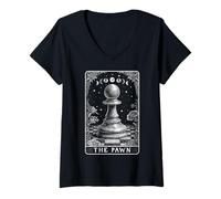Mujer El Jugador de ajedrez de peón Master Tarot Card Witchy Moon Camiseta Cuello V