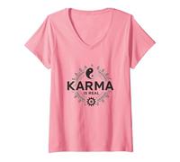 Mujer El Karma es Real: Sabiduría del Equilibrio Espiritual del Yin Yang Camiseta Cuello V, Rosado, L