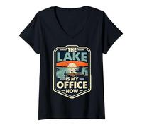 Mujer El Lago es mi Oficina Divertido Jubilación Pesca Puesta de Sol Camiseta Cuello V