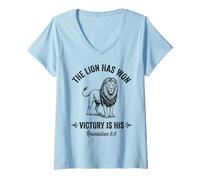 Mujer El león ha Ganado la Victoria es su fe Cristiana versículo bíblico Camiseta Cuello V