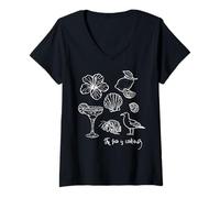 Mujer El mar está Llamando Playa océano Hibisco Vacaciones línea Arte Camiseta Cuello V