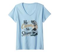 Mujer Él me Lleva a través de tormentas fe Cristiana Camiseta Cuello V