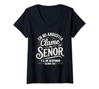 Mujer Él me respondió - Diseño de las Escrituras del Salmo en Español Camiseta Cuello V