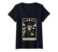 Mujer El mecánico de autobuses de la Escuela de autobús mecánico Esqueleto Tarot Tarjeta Camiseta Cuello V