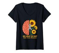 Mujer El Mes de concientización sobre los tumores cerebrales se vuelve Gris en Mayo Girasoles Camiseta Cuello V
