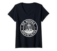 Mujer Él mueve montañas Cruz cristiana fe Camiseta Cuello V