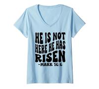 Mujer Él no está aquí ha resucitado Christian Happy Resurrection Camiseta Cuello V