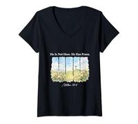 Mujer Él no está aquí, ha resucitado Mateo 28-6 - Easter Christian Camiseta Cuello V