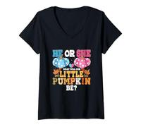 Mujer Él o Ella ¿Qué será Nuestra pequeña Calabaza otoño Baby Shower Camiseta Cuello V