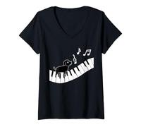 Mujer El Perro Negro Toca el Piano y ama la música Camiseta Cuello V