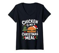 Mujer El Pollo Es Mi Comida Navideña Pollo Santa Navidad FEA Camiseta Cuello V