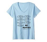 Mujer Él provee panes y Pescado Christian Matthew 14:13-21 Fe Camiseta Cuello V