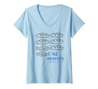 Mujer Él provee panes y Pescado Christian Matthew 14:13-21 Fe Camiseta Cuello V