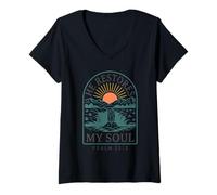 Mujer Él restaura mi Alma - Salmo 23:3 Retro Mountain Christian Camiseta Cuello V