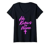 Mujer Él Sabe mi Nombre Biblia Dios religioso Jesús Isaías 43:1 Orar Camiseta Cuello V