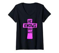 Mujer Él Sabe mi Nombre Biblia Dios religioso Jesús Isaías 43:1 Orar Camiseta Cuello V
