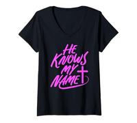 Mujer Él Sabe mi Nombre Biblia Dios religioso Jesús Isaías 43:1 Orar Camiseta Cuello V