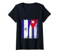 Mujer El Salvador Cuba Media Bandera Patrimonio Cubano Salvadoreño Camiseta Cuello V