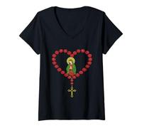 Mujer El Santo Rosario Virgen María Católicos. Corazón Camiseta Cuello V