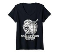 Mujer El Señor Es Mi Fuerza Y Mi Escudo Salmo 28 7 Fe León Camiseta Cuello V