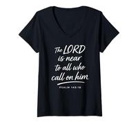 Mujer El Señor está Cerca del Salmo 145:18 Fe Confort Fuerza Oración Camiseta Cuello V