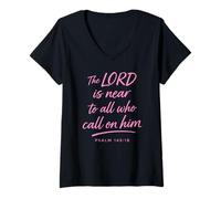 Mujer El Señor está Cerca del Salmo 145:18 Fe Confort Fuerza Oración Camiseta Cuello V