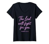 Mujer El Señor Luchará por Ti Éxodo 14:14 Escritura Biblia Dios Camiseta Cuello V