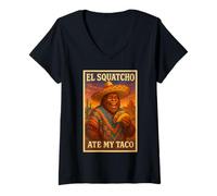 Mujer El Squatcho Ate My Taco Bigfoot Taco Lover Gráfico Camiseta Cuello V