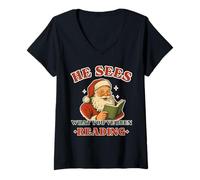 Mujer Él ve lo Que has Estado Leyendo Amante de los Libros Funny Santa Camiseta Cuello V