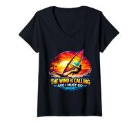 Mujer El Viento está Llamando y Debo IR Windsurf Windsurfing Diversión Camiseta Cuello V