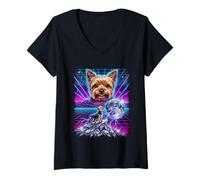 Mujer El Yorkshire Terrier Howling to The Moon Meme, synthwave de los 90 Camiseta Cuello V