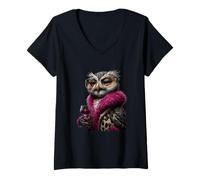 Mujer Elegante búho Moda pájaro Rosa Bebida Copa de Vino gráfico Grande Camiseta Cuello V
