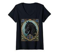 Mujer Elegante Caballo frisón Negro Estilo Art Nouveau Camiseta Cuello V