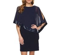 Mujer Elegante Lentejuelas Vestido Corto de Cóctel Manga Corta Color Puro Poncho Gasa Vestir Fiesta Oficina Mini Dress Azul ES 42
